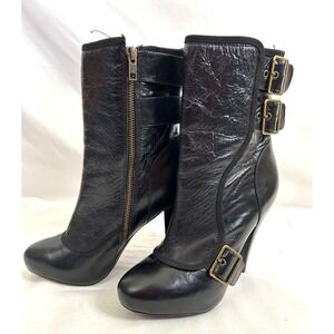 Aldo Black Leather Zip Buckle Ultra High Heel Ankle Boots Women's Size 38 EUR